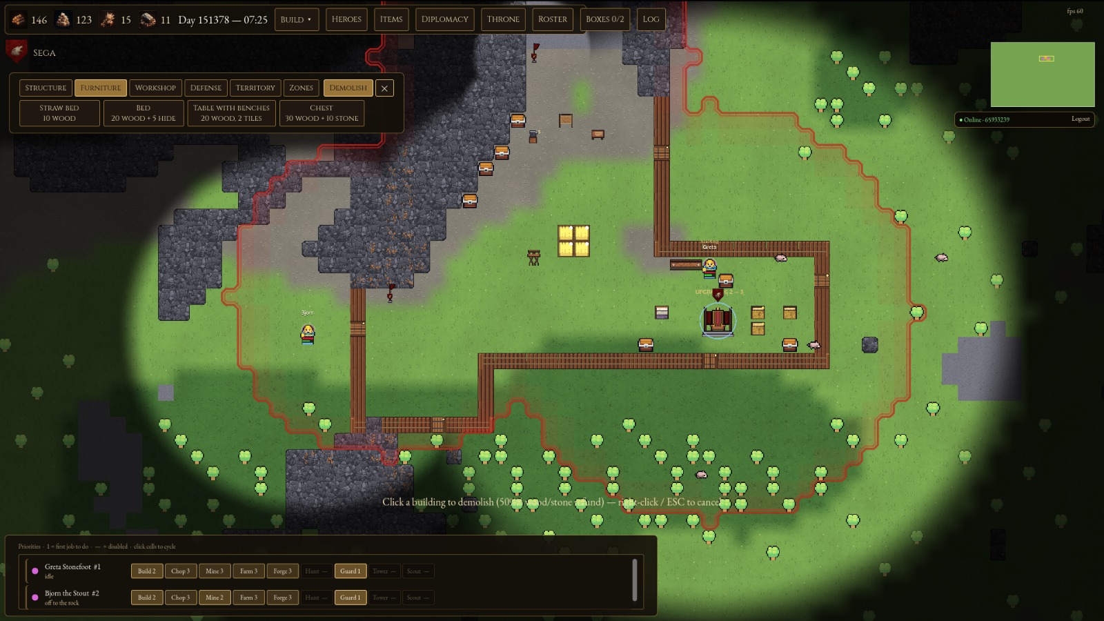 A House built against a mountain: wooden walls drawn tile by tile, a stone ridge with iron veins cutting across the north, chests and beds inside, and the red line of the territory border running around it all.